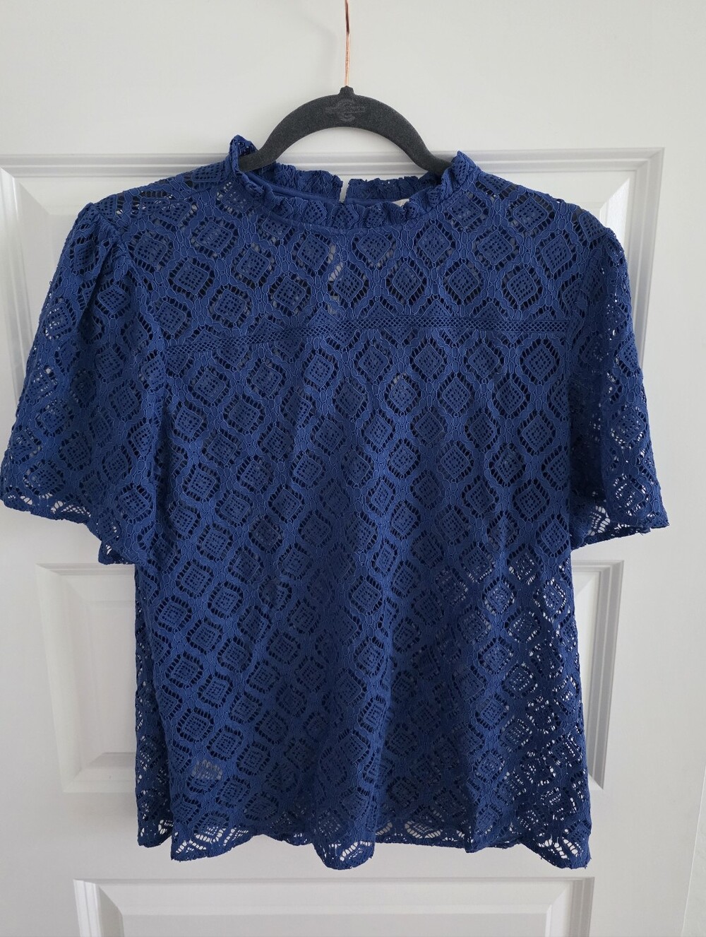 LOFT Royal Blue Lace Mock Neck Sheer Blouse. Size M.